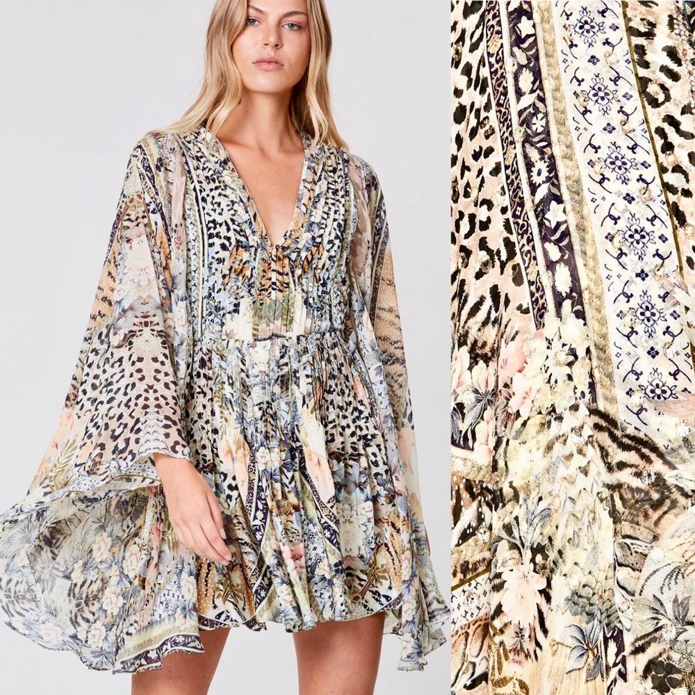 Camilla Embellished Moto Maiko Silk Pleated Kaftan